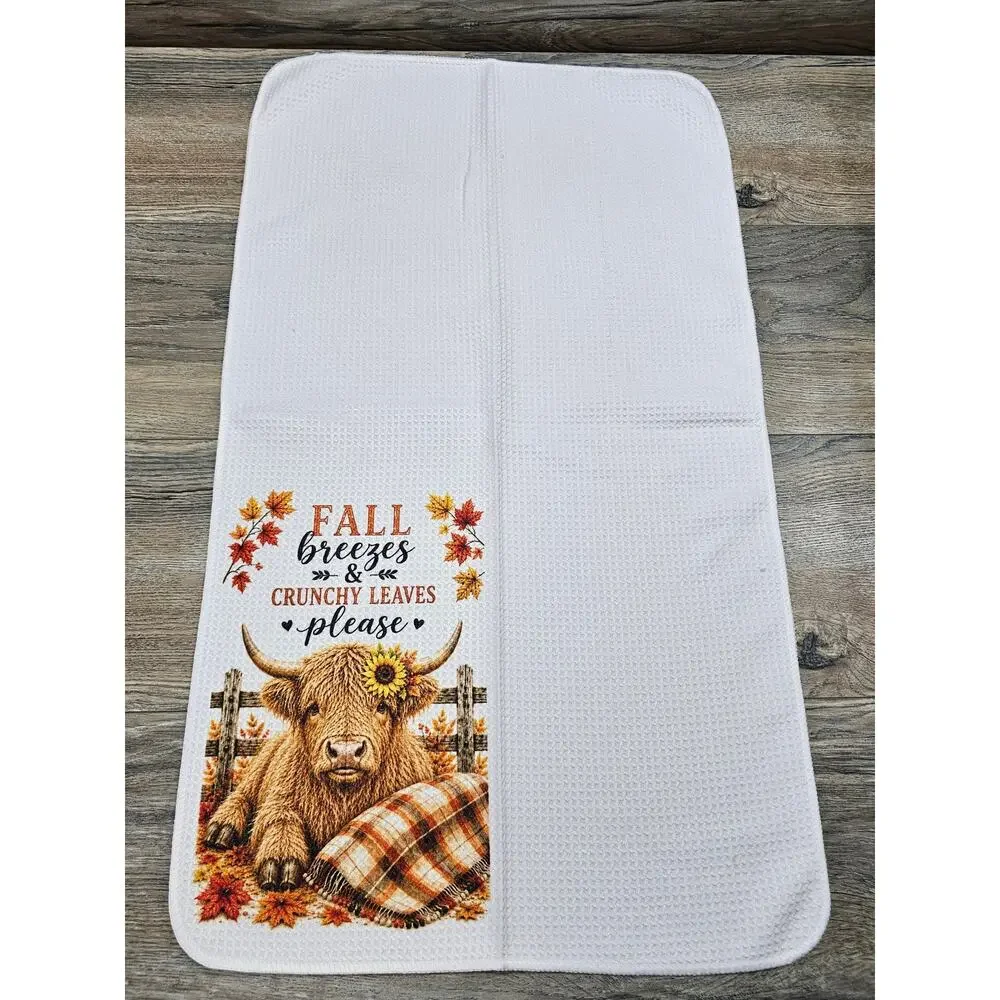 Fall Breezes & Crunchy Leaves Highland Cow Kitchen Towel Farmhouse Decor